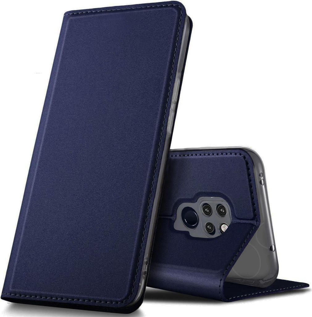 A blue flip cover phone case is shown standing upright, with the phone inserted and its back visible.