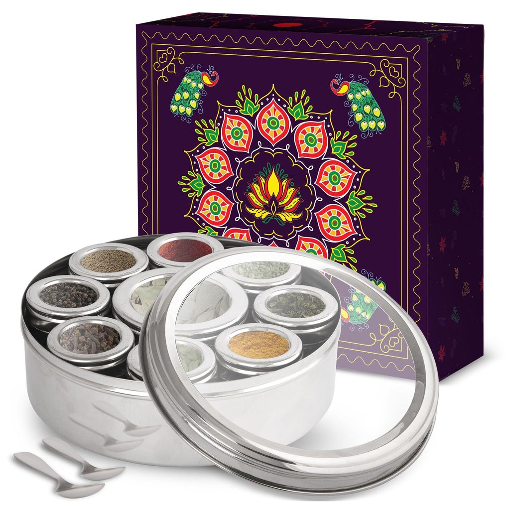 Großes Masala-Dabba-Gewürzglas mit 9 Fächern, Edelstahl, indisches Masala-Dabba mit transparentem Deckel, 22 cm