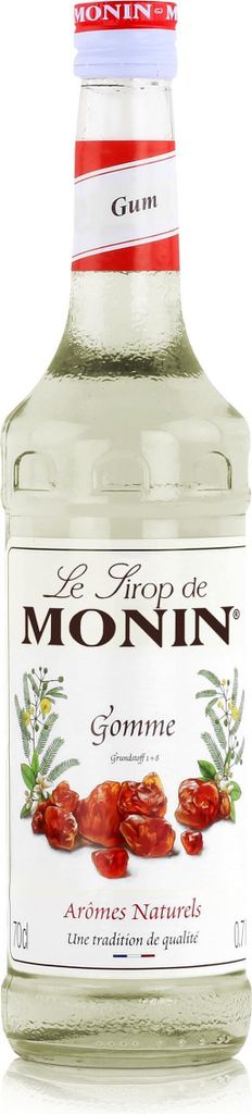 A clear, well-lit studio shot of a bottle of Monin Gum syrup.