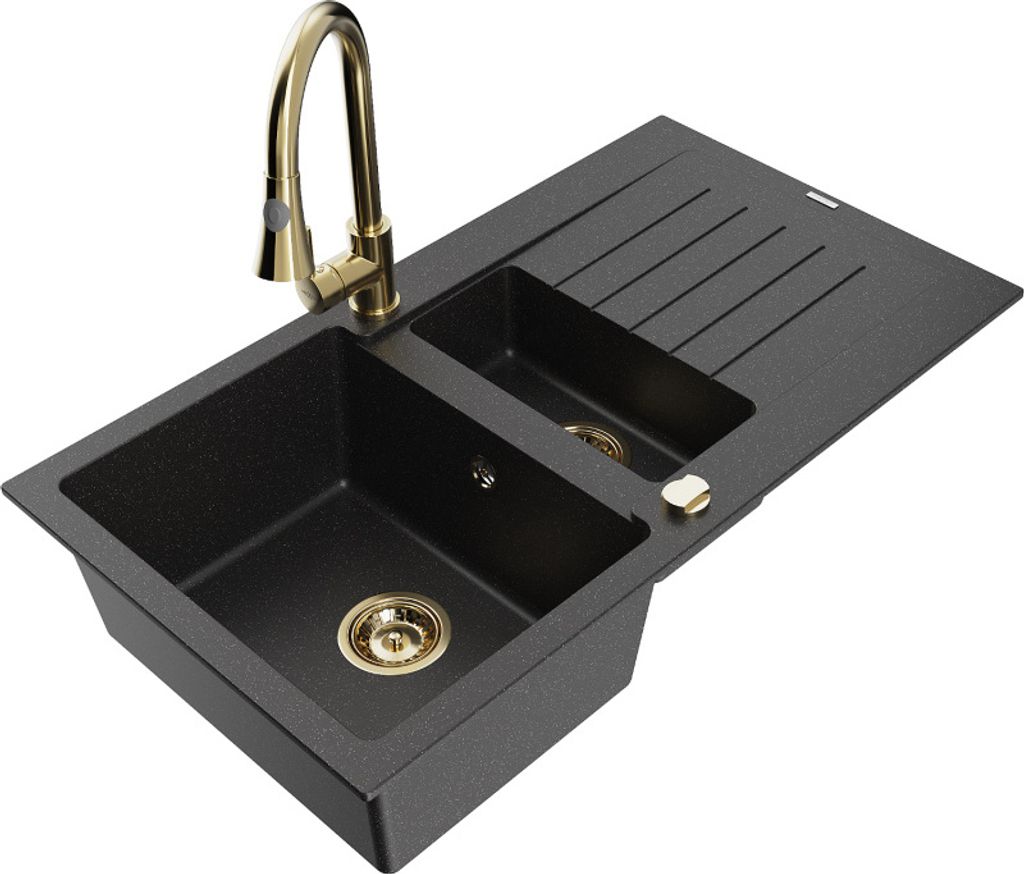 Mexen Matias 1,5-Becken-Granitspüle mit Abtropffläche und Mischbatterie Elia, Schwarz/Silbermetallic - 6502-73-670101-50