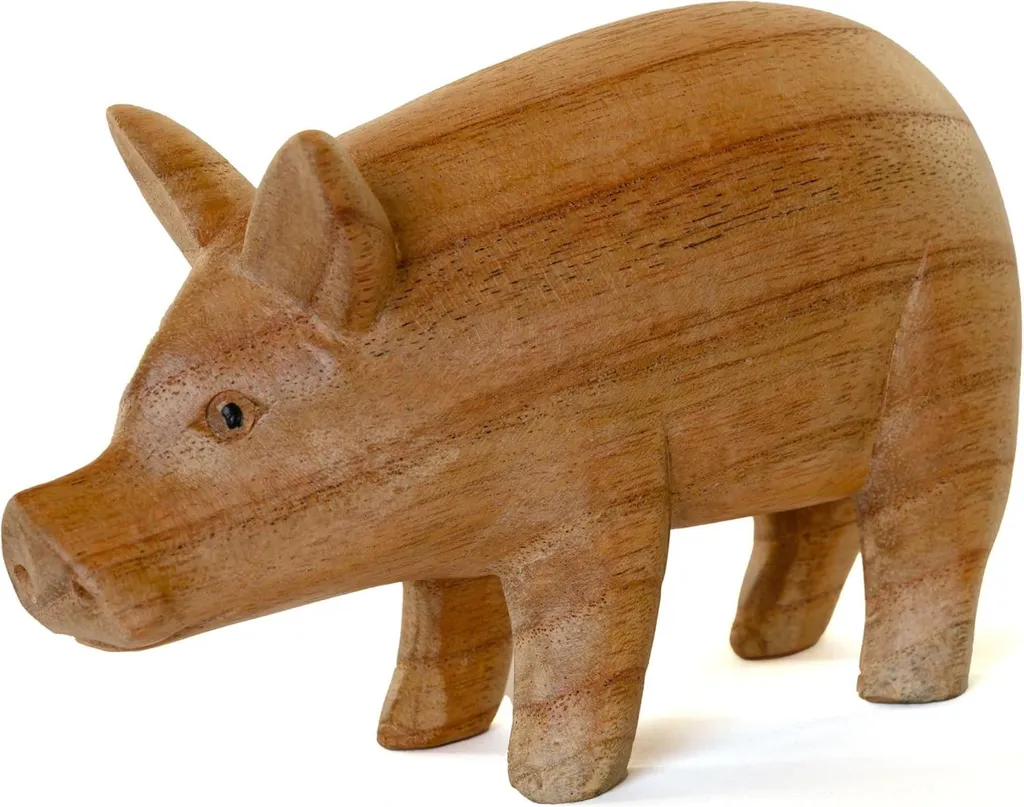 Figurine de cochon en bois naturel sculpté - Objet de décoration ferme