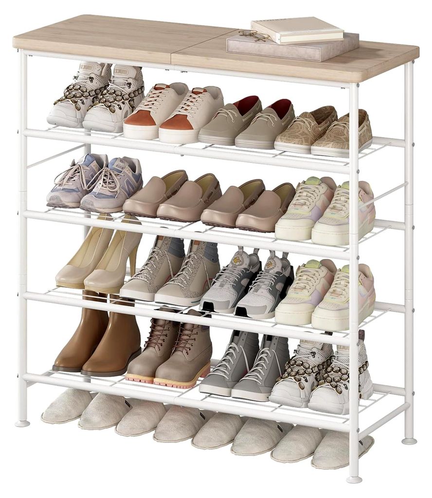 Schuhregal, 5 Etagen, für Schrank, Eingangsbereich, freistehend, Metall mit MDF-Oberplatte, Weiß + Eiche