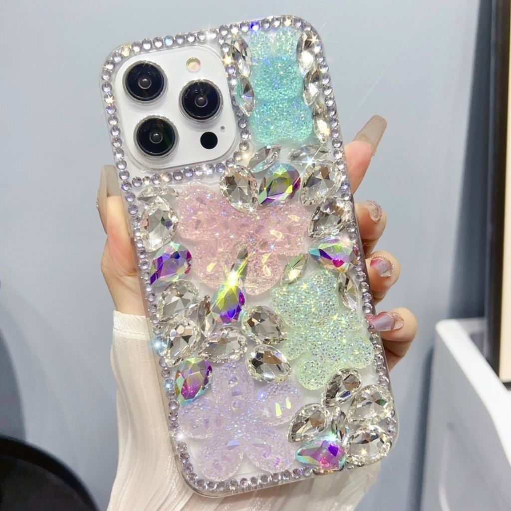 Für iPhone 13 Pro Max Ice Crystal Bow Knot Full Diamond TPU Telefongehäuse (Pink + Blue)