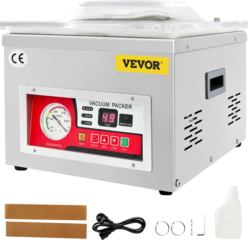 A VEVOR vacuum packer machine is shown with its accessories.