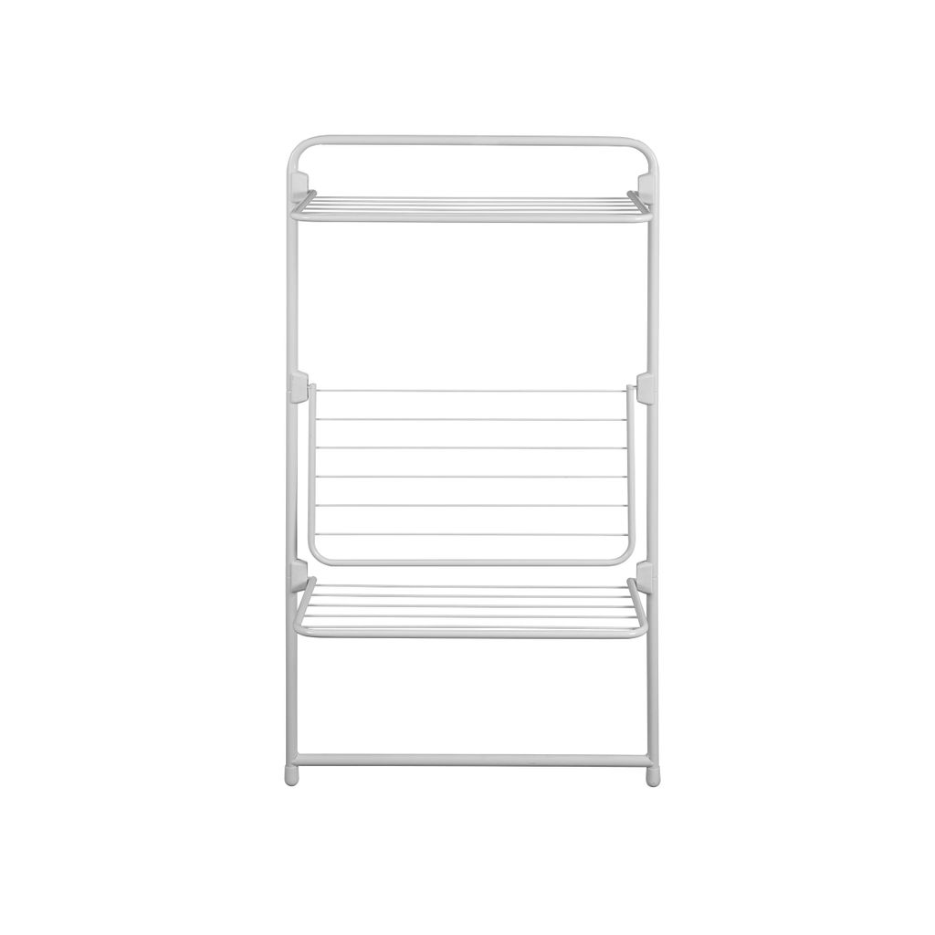 A white drying rack with multiple shelves.