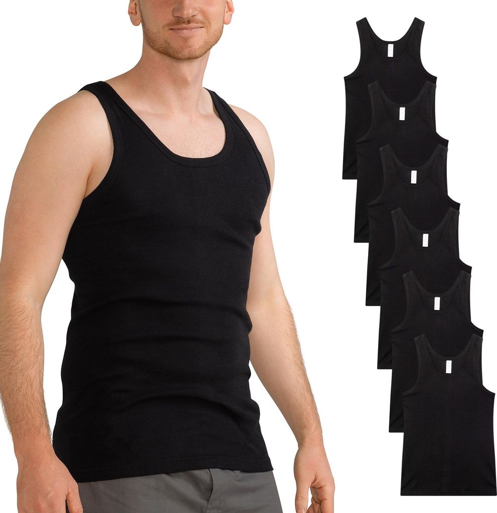 6er-Pack Feinripp-Tops für Männer - Klassisches Tank-Top - Schwarz