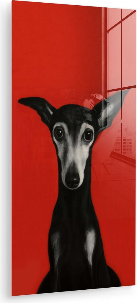 MuchoWow Glasbilder - Bilder auf Wandbild - Foto auf Glas Windhund - Minimalistisch - Rot 40x80 cm Wanddekoration aus Glas - Acrylglasbild - Acrylb...