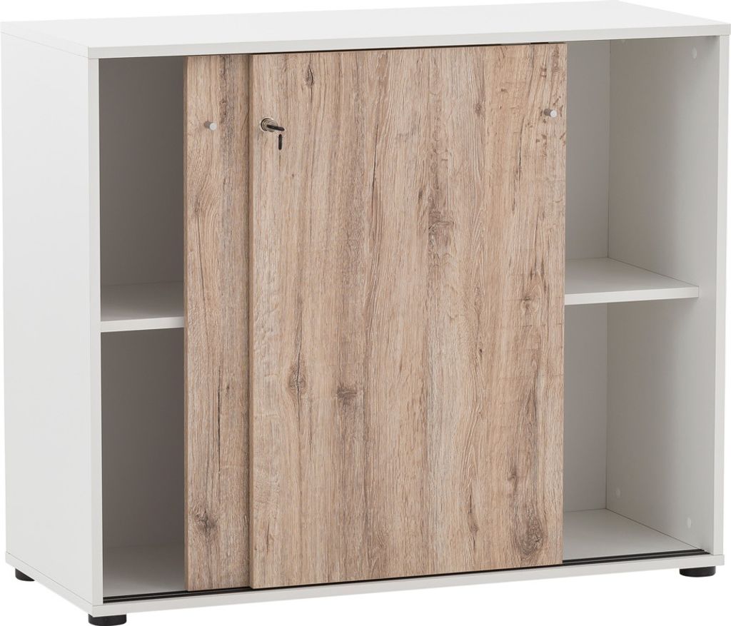 Büro Aktenschrank Schiebetüren abschließbar BRAGA-80 in weiß mit Wildeiche Nb., B/H/T: ca. 100,1/83,6/41 cm