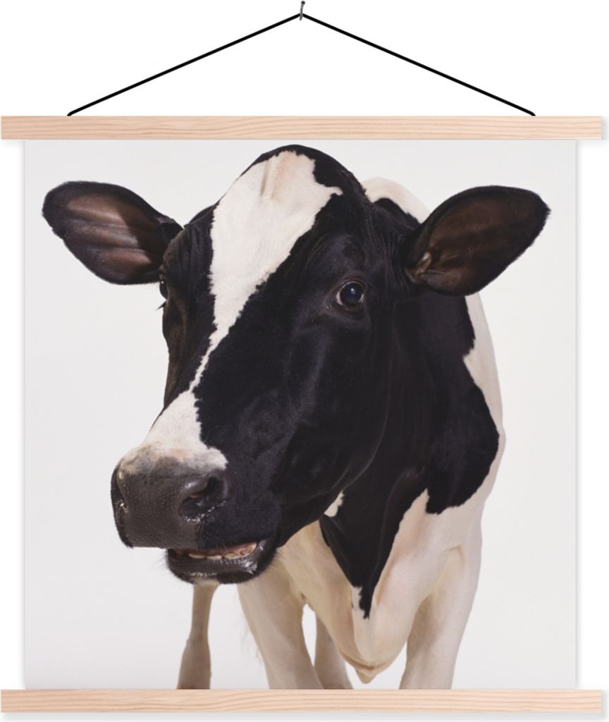 MuchoWow Textilposter Kuh - Weiß - Tiere - Schwarz 120x120 cm mit holzfarbenen Rahmen - Textil-Poster