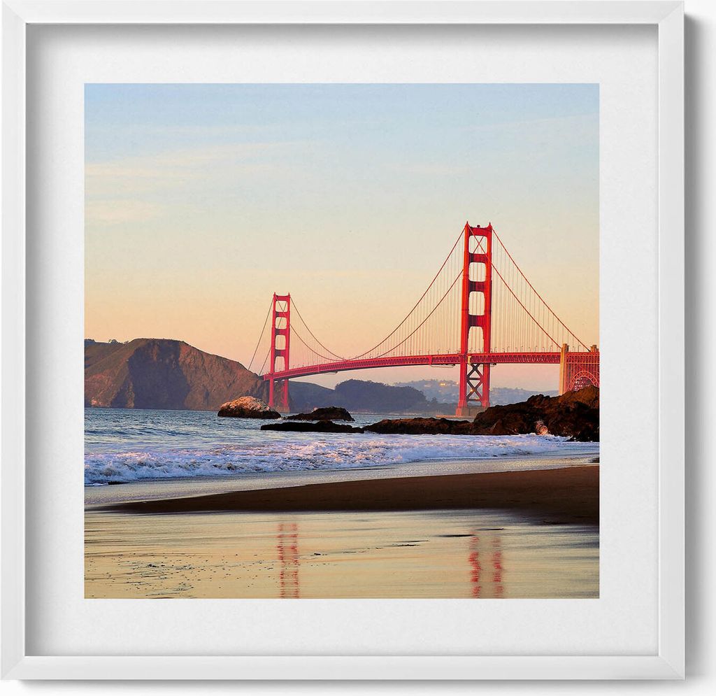 Golden Gate Bridge Landschaft– Wandbild mit Rahmen – Gerahmtes Bild – Wanddekoration – 50x50 cm – Weiß Rahmen
