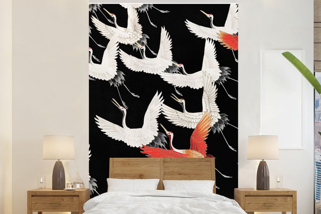 MuchoWow Fototapete für Wohnzimmer oder Schlafzimmer Wandtapete Vinyl Motivtapete Skandinavisch - Kranich - Japan - Rot - Weiß - 195x300 cm - D...