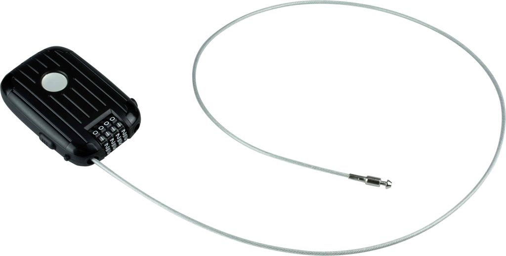 A black combination lock with a silver cable is shown against a white background.