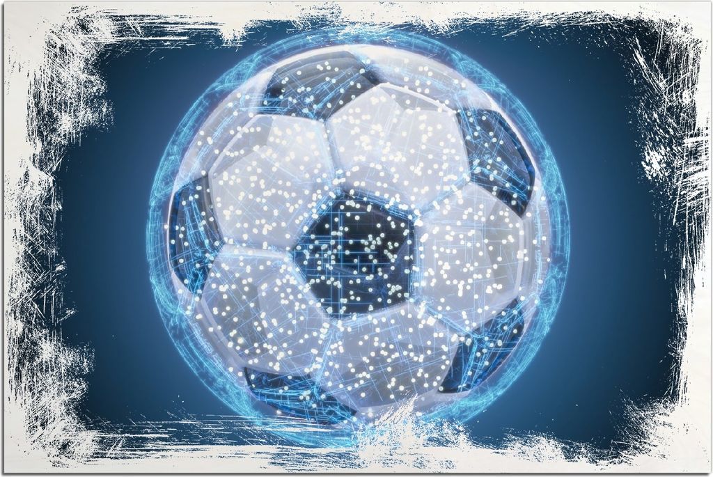 Kunstdrucke Wandbilder Holz in : Brillante Farben, Größe 60 x 90 cm Motiv Fußball digital - Netzwerk in blau
