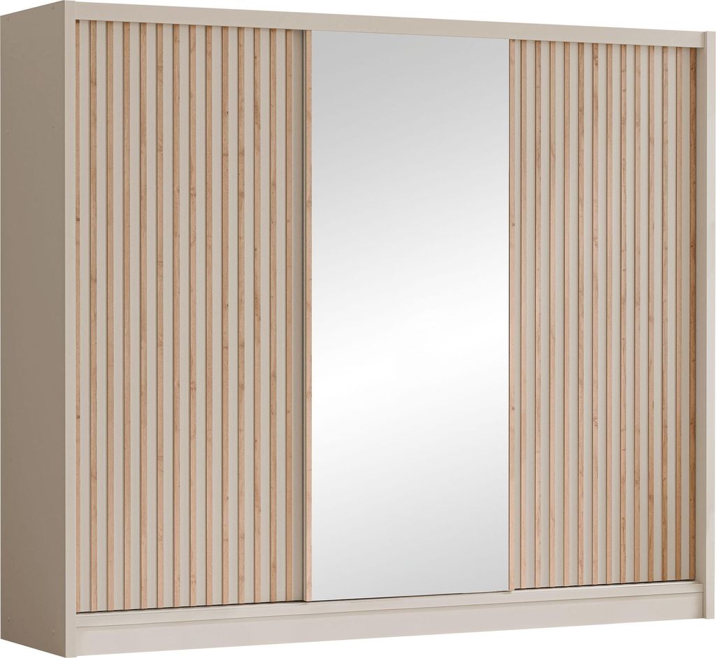 MIRJAN24 Schiebetürenschrank London Lux 250 mit drei Schiebetüren, eins Kleiderstangen, Frontspiegel (Farbe: Cashmere / Cashmere + Wotan Eiche)