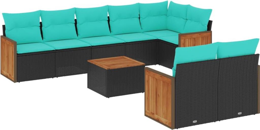 vidaXL 9-teiliges Gartensofa-Set mit Kissen, schwarzes Polyrattan