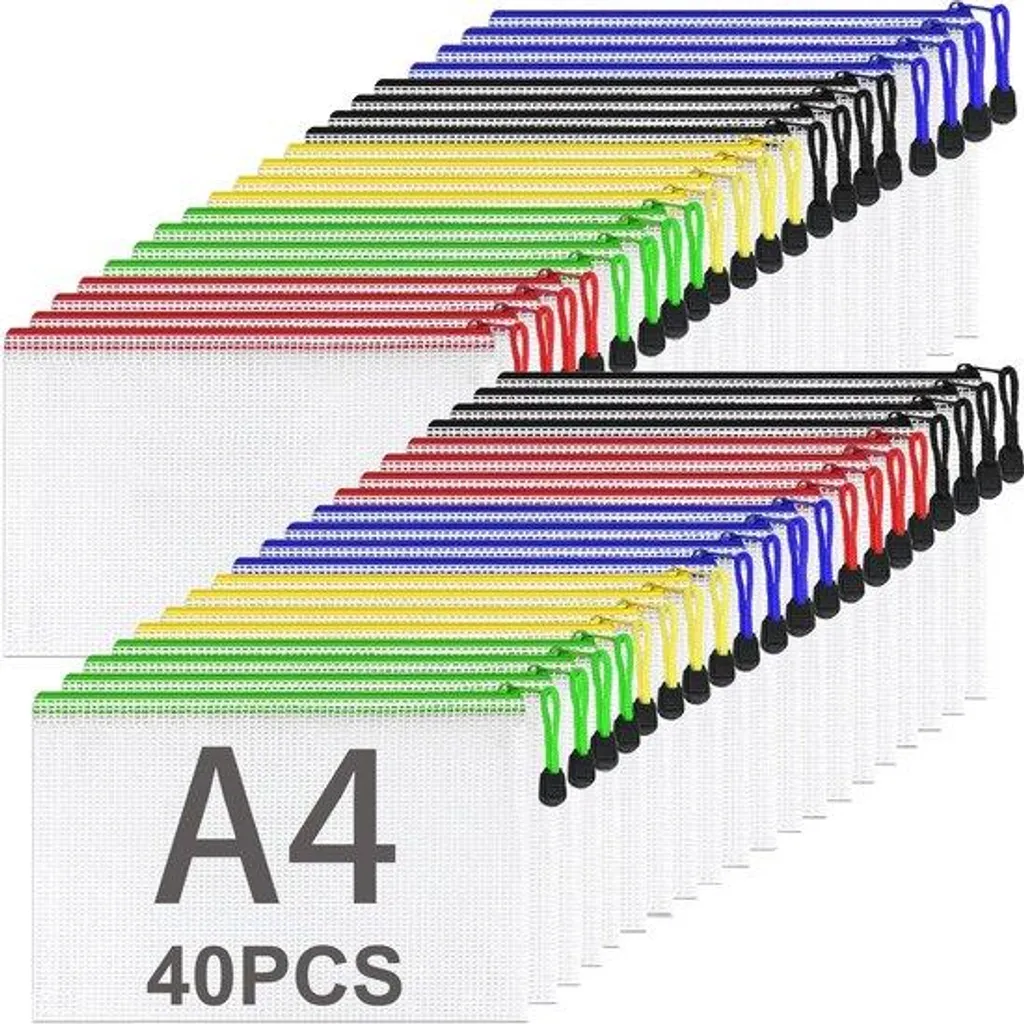40 Chemises Plastique Maille Filet A4 - 5 Couleurs - Fermeture Zip Pro