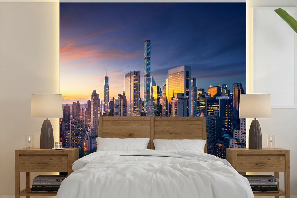 MuchoWow Fototapete für Wohnzimmer oder Schlafzimmer Wandtapete Vinyl Motivtapete New York - Sonnenuntergang - Skyline - 350x350 cm - Schlafzimm...