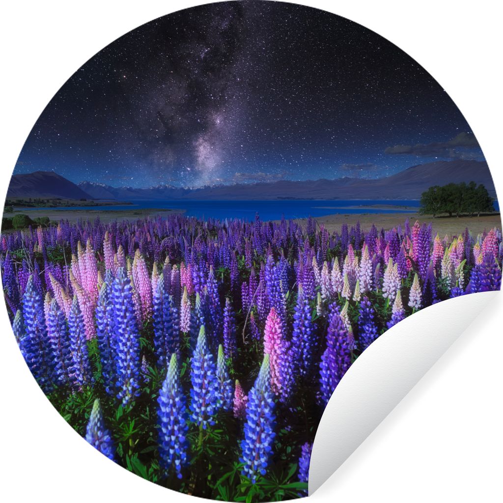 MuchoWow Runde Wandtattoo - Wandsticker Tapete Aufkleber Blumen - Nacht - Lupine - Sternenhimmel - Lila - Natur Ø 100 cm Selbstklebend und Repos...