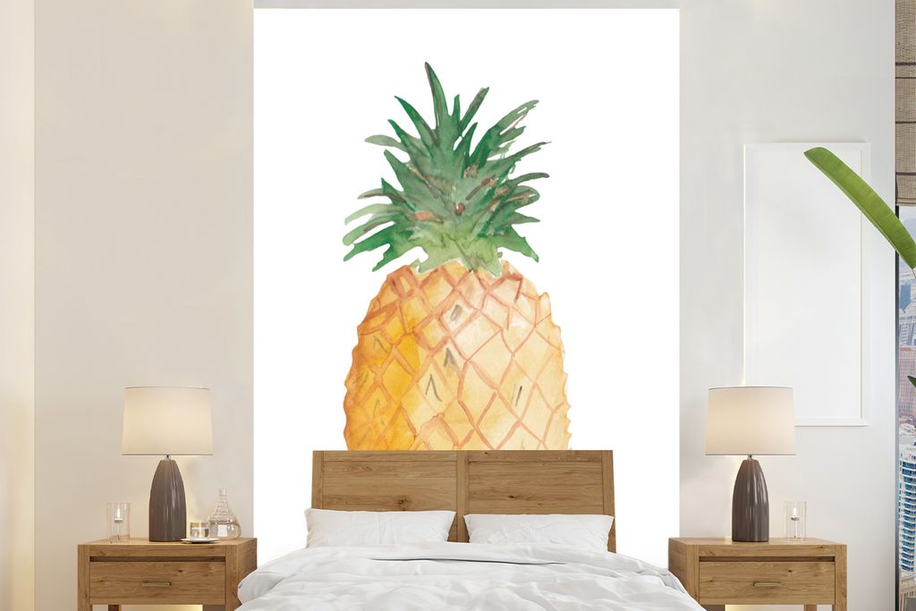MuchoWow Fototapete für Wohnzimmer oder Schlafzimmer Wandtapete Vinyl Motivtapete Ananas - Aquarell - Weiß - 200x300 cm - Wanddekorationen