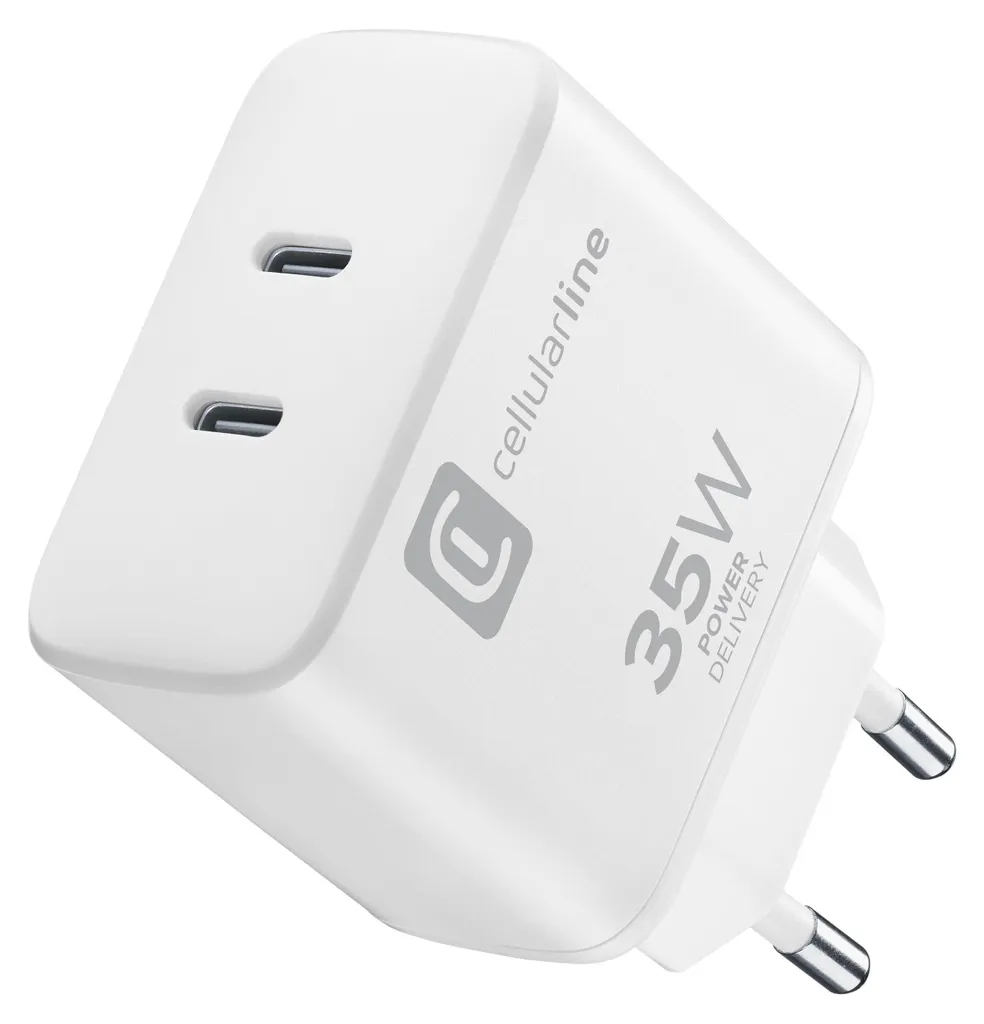 Chargeur mural 35W double USB-C blanc Cellularline compact et puissant