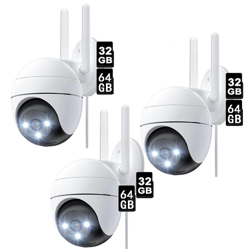 Überwachungskamera Außenbereich IP66 Full HD 1080p WLAN 2.4GHz mit Bewegungserkennung, Kartenslot, 355°/120° Pan/Tilt 32&64GB TF Karte 3 Pack