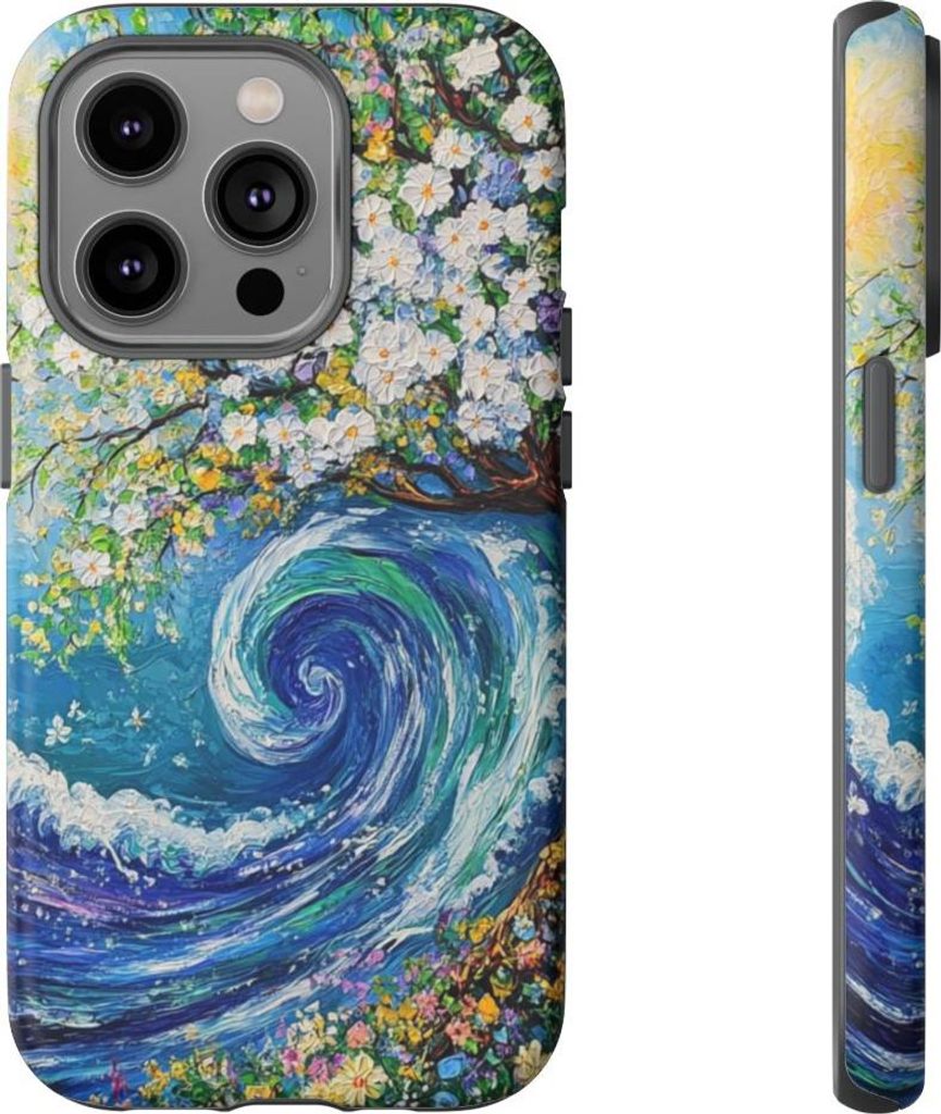 Blühender Baum und Meereswelle – Hülle Kompatibel mit iPhone 14 Pro