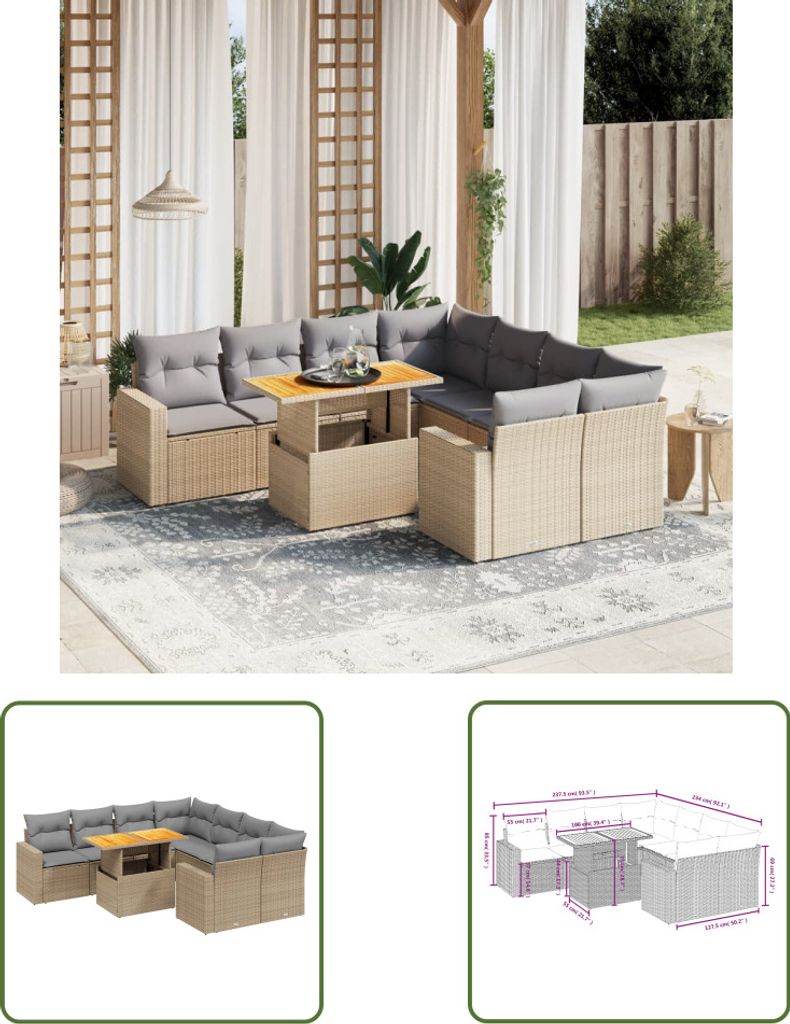 The Living Store 9-tlg. Garten-Sofagarnitur mit Kissen Beige Poly Rattan