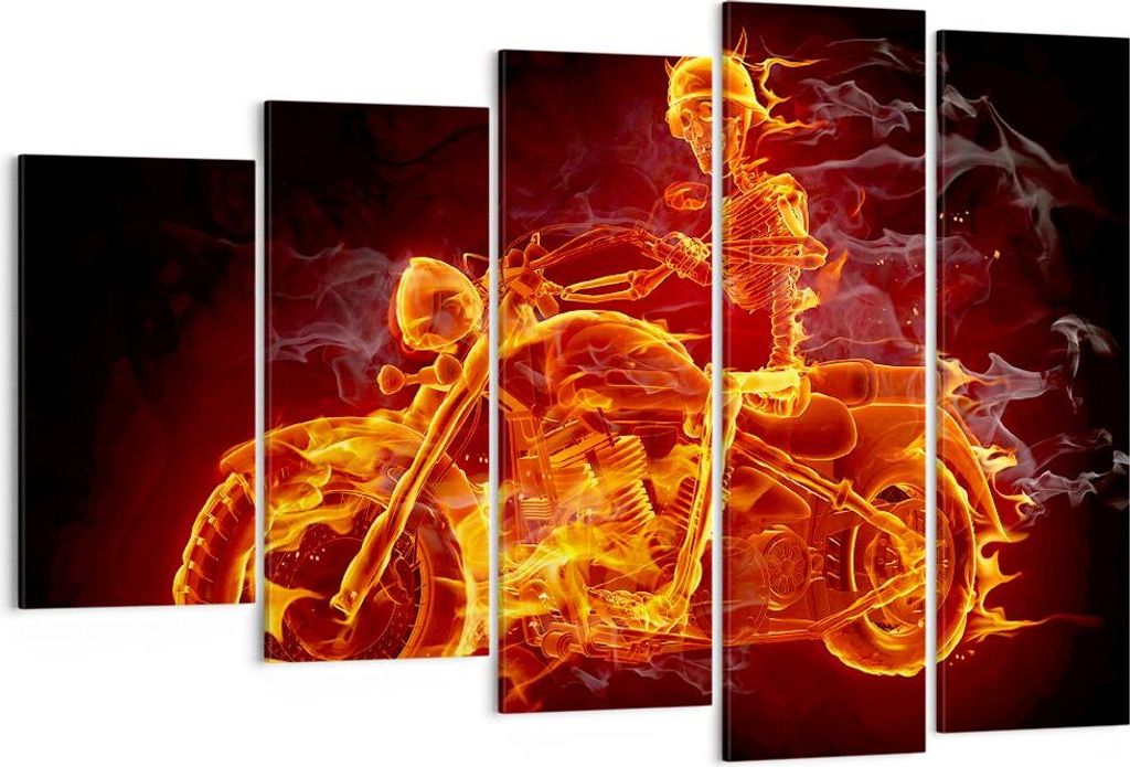Bild auf Leinwand - Leinwandbild - Motorrad Flammen Skelett - 150x100cm - Wand Bild - Wanddeko - Leinwanddruck - Bilder - Kunstdruck - Wanddekorati...