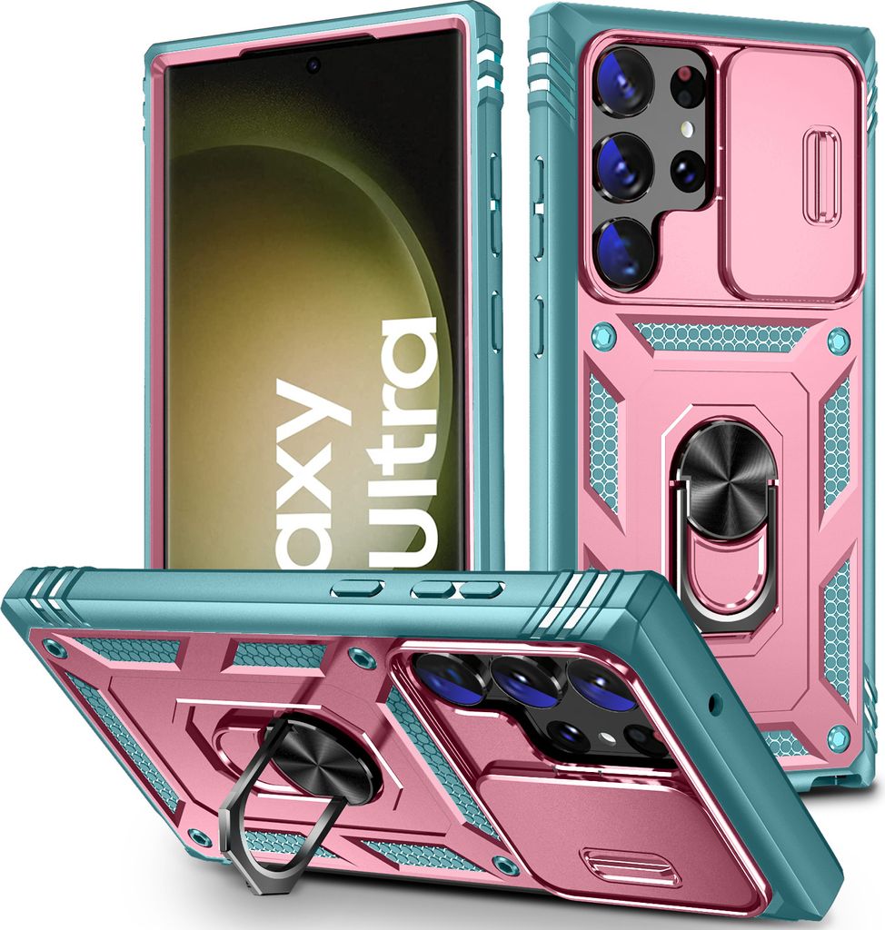 Galaxy S23 Ultra Hülle, Schiebe Kamera Schutz Robust Rüstung Schutzhülle mit Ringhalterung Ständer Kartenhalter für Samsung Galaxy S23 Ultra Pink