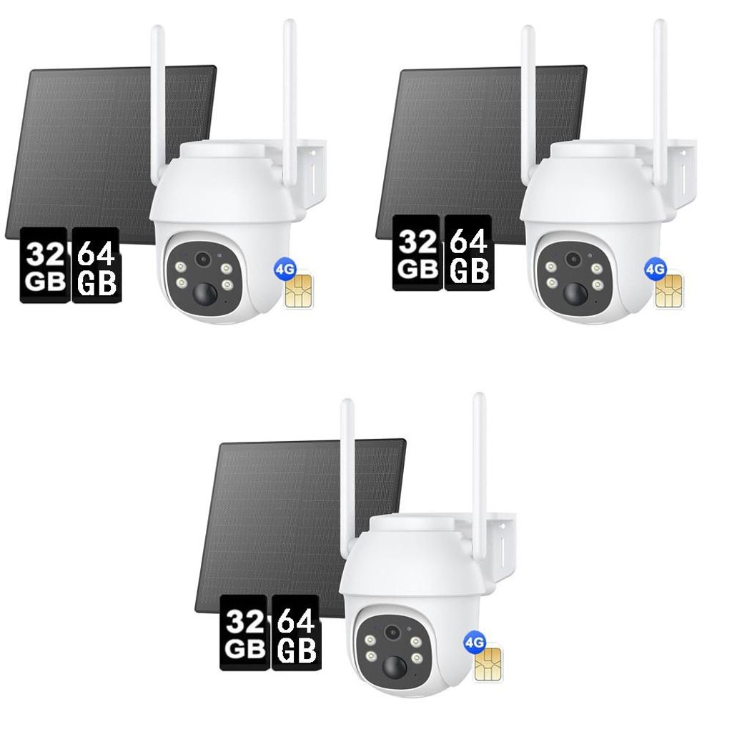 4G LTE Überwachungskamera Außen Akku 8400mAh mit Solarpanel und PTZ, IP Kamera Outdoor mit Farbnachtsicht, PIR-Sensor, 2-Wege-Audio 32&64GB 3 PACK