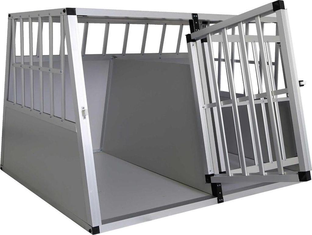 A silver aluminum dog crate with the door open, shown from a slightly elevated front-left angle on a white background.