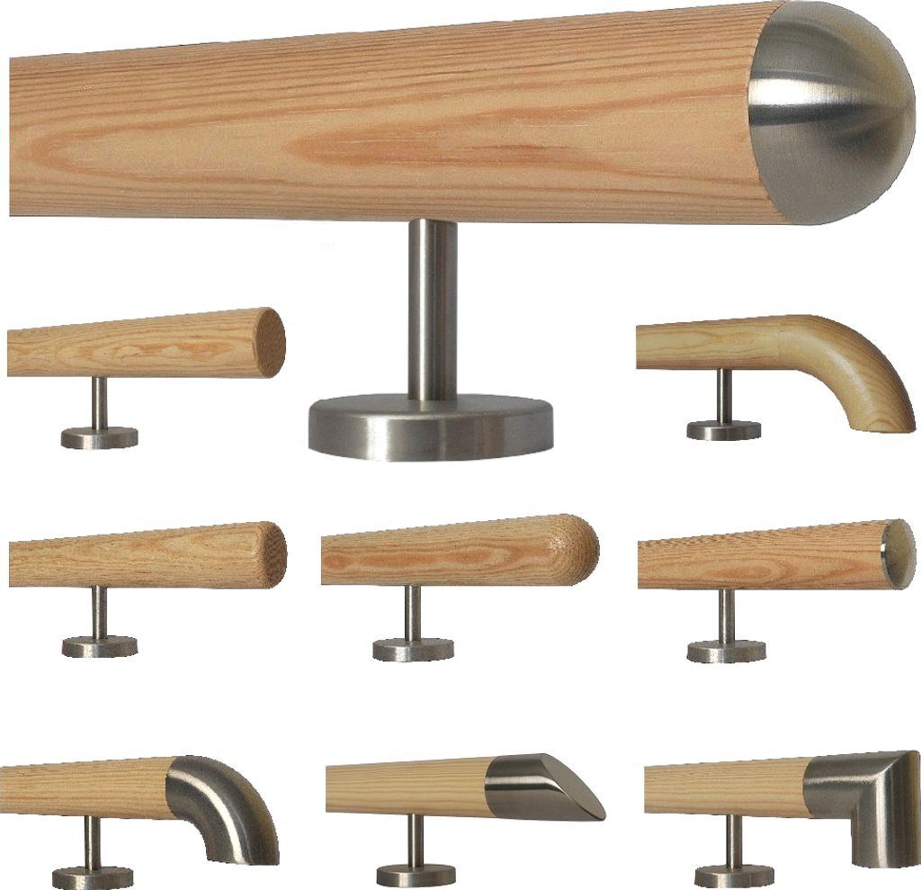 TIBU Kiefer Holz Handlauf Geländer 0,3m - 5m, Länge 360 cm, Ende Halbrunde Edelstahlkappe und 5 gerade Halter