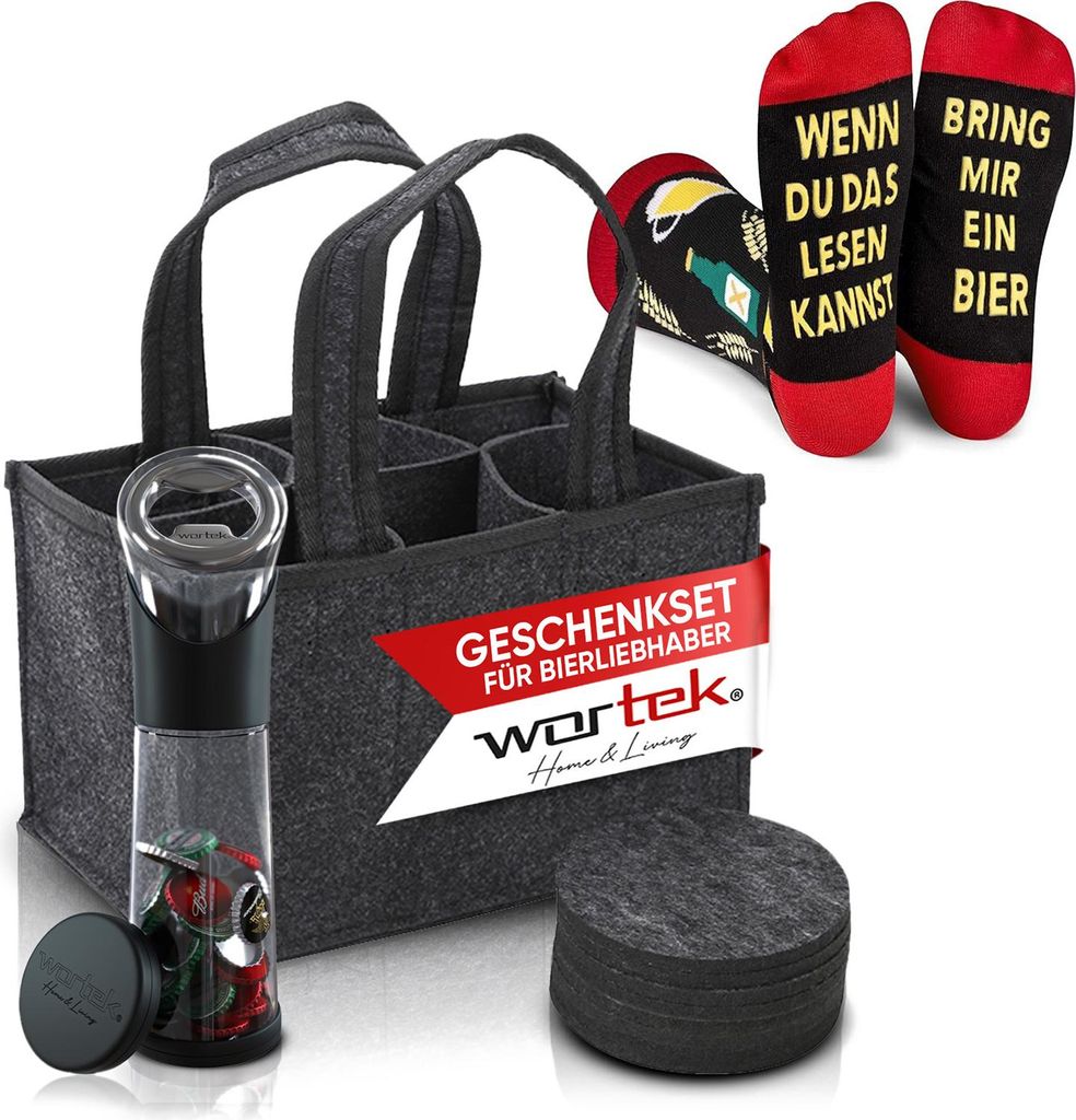 wortek Geschenkset Männer Geschenke - Männerhandtasche Bier Flaschenöffner mit Auffangbehälter Filzuntersetzer - Geschenkkorb für Männer mit ...