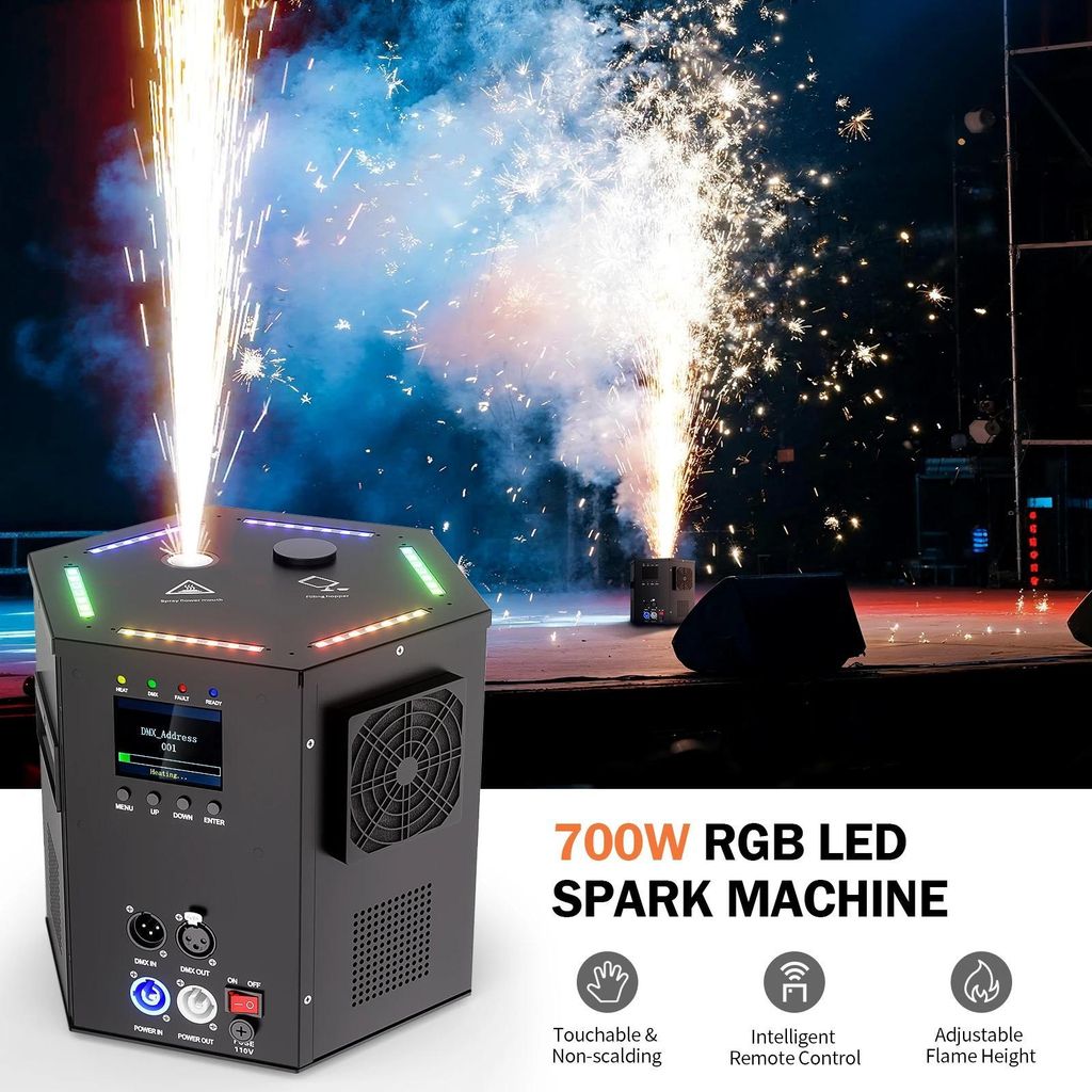 Kaltfunkenmaschine - DMX Bühneneffekt - 700 W - RGB LED - 9 Kanäle - Fernbedienung 8 m - Fontänenhöhe 2–5,5 m - Aufheizzeit 4 Min - Mehrfarbig