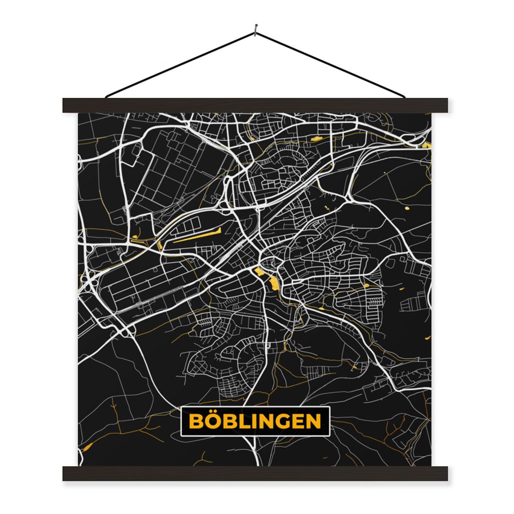 MuchoWow Textilposter Schwarz und Gold - Stadtplan - Böblingen - Deutschland - Karte 90x90 cm mit schwarzem Rahmen - Magnetisches