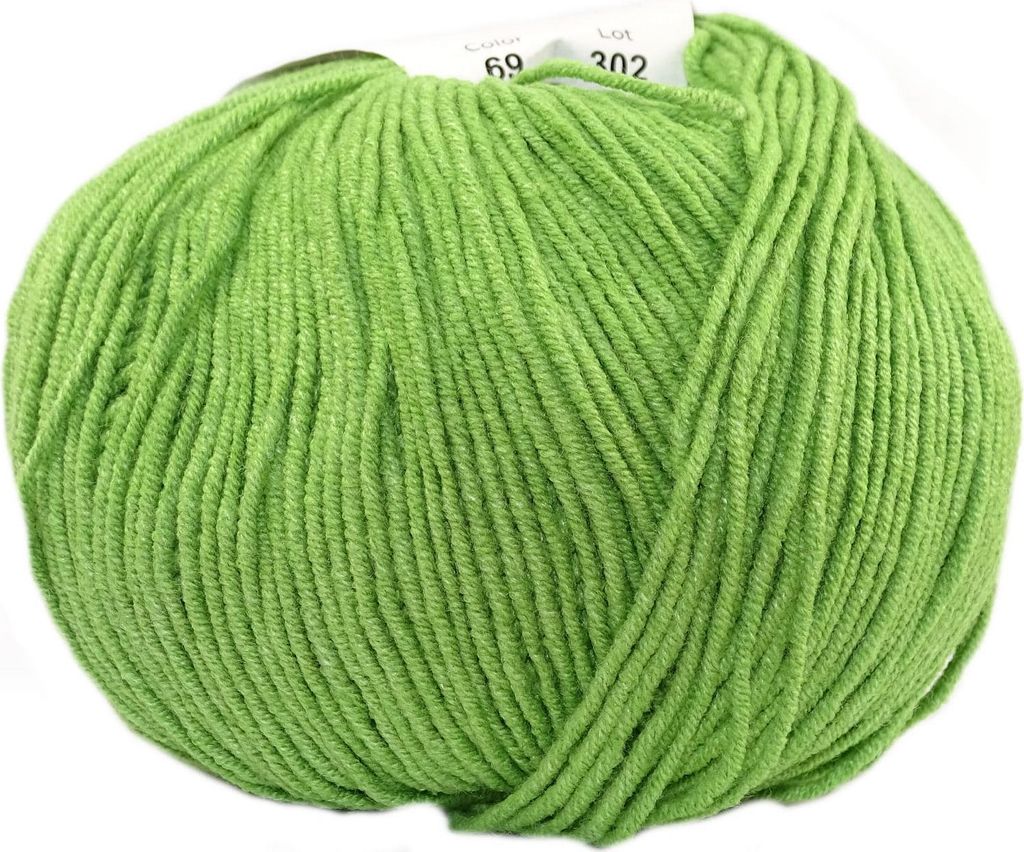 A ball of green yarn on a white background.