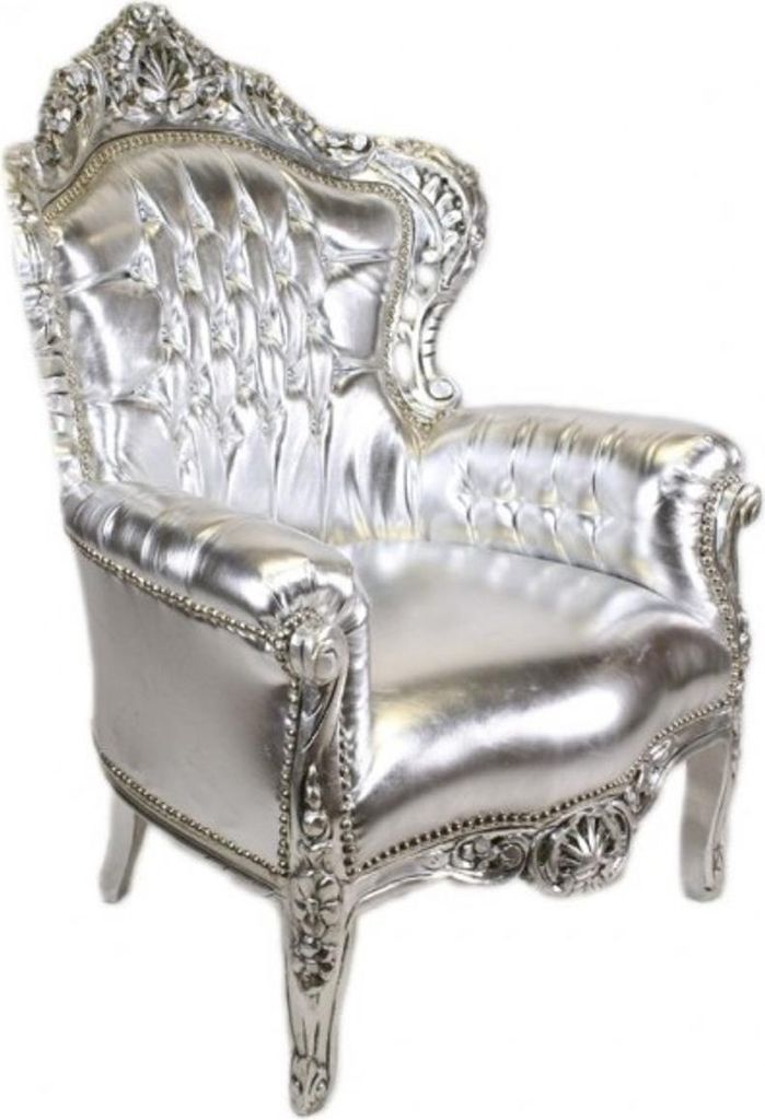 Casa Padrino Barock Sessel King Silber Lederoptik mit Bling Bling Glitzersteinen - Luxus Barock Möbel