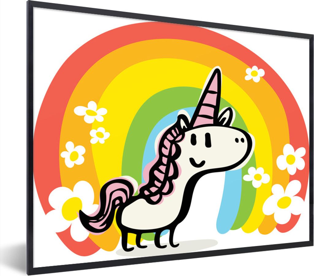 MuchoWow Gerahmtes Poster Eine Illustration eines Einhorns mit einem Regenbogen - Mädchen - Kinder - Kind 80x60 cm - Poster mit Schwarzem Bilder...