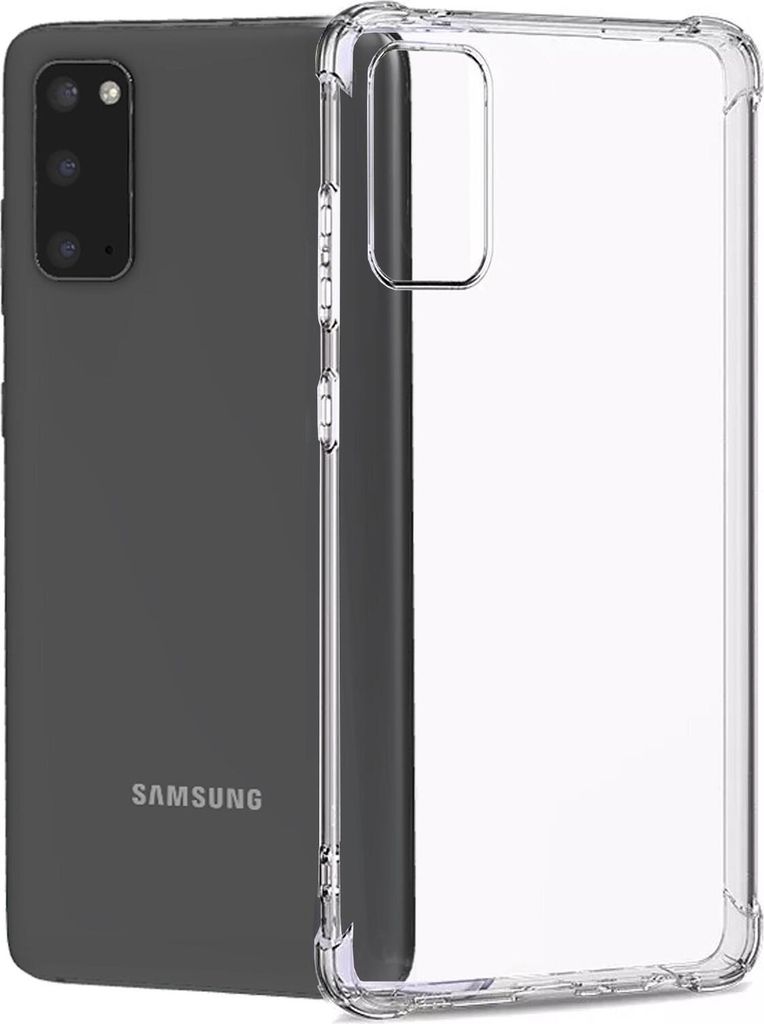 A transparent phone case is shown next to a dark gray Samsung phone.