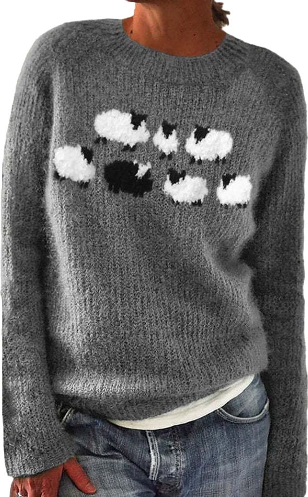 ASKSA Damen Pullover Elegant Rundhals Sweatshirt Casual Winterpullover mit Aufdruck Gestrickter Pullover Warme Bequem Langarm Mode Autumn Winter Ob...