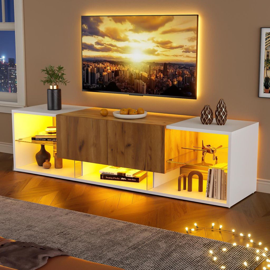 Merax LED TV-Schrank 160x40x42 cm, TV-Lowboard für Fernseher bis 70 Zoll, TV-Möbel 3 Ebenen mit Glasboden & 2 Schubladen, RGB-Beleuchtung, Weiß/...
