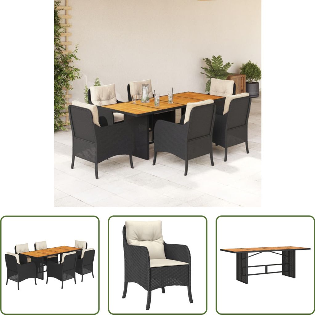 The Living Store 7-tlg. Garten-Essgruppe mit Kissen Schwarz Poly Rattan