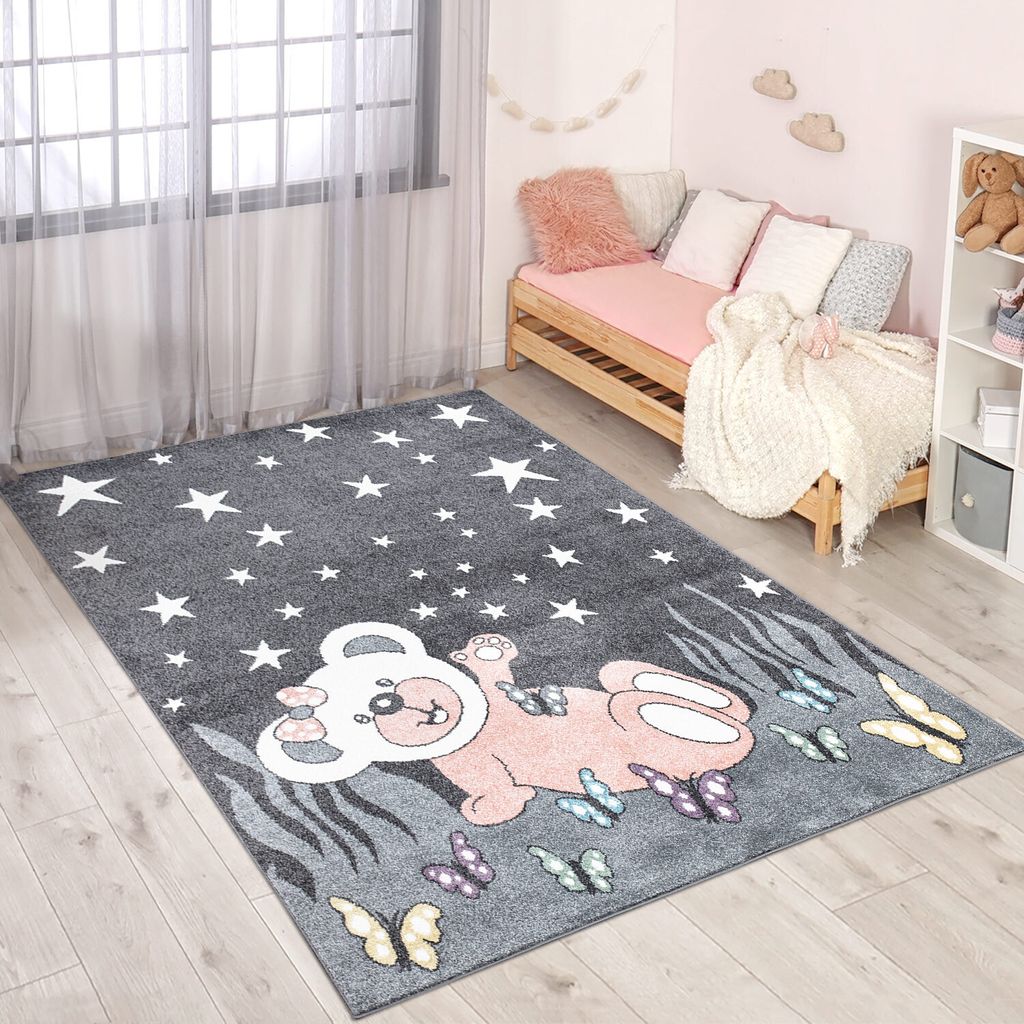 Kinderteppich Teddy-Bär - Grau, Rosa - 140x200 cm - Produktbild 