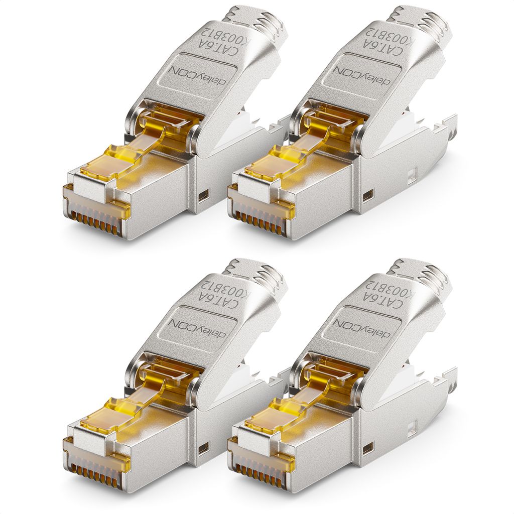 deleyCON 4x CAT 6a Netzwerkstecker RJ45 Werkzeuglos Geschirmt 10 Gbit/s Netzwerk Stecker für Starre Verlegekabel Rohkabel Steckverbinder RJ45 Ethe...