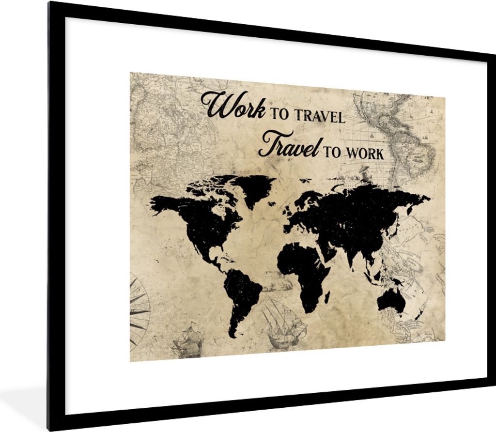 MuchoWow Gerahmtes Poster Weltkarte - Retro - Boot - Zitat 80x60 cm - Poster mit Schwarzem Bilderrahmen Wandposter Rahmen Foto Bilder - Schlafzim...