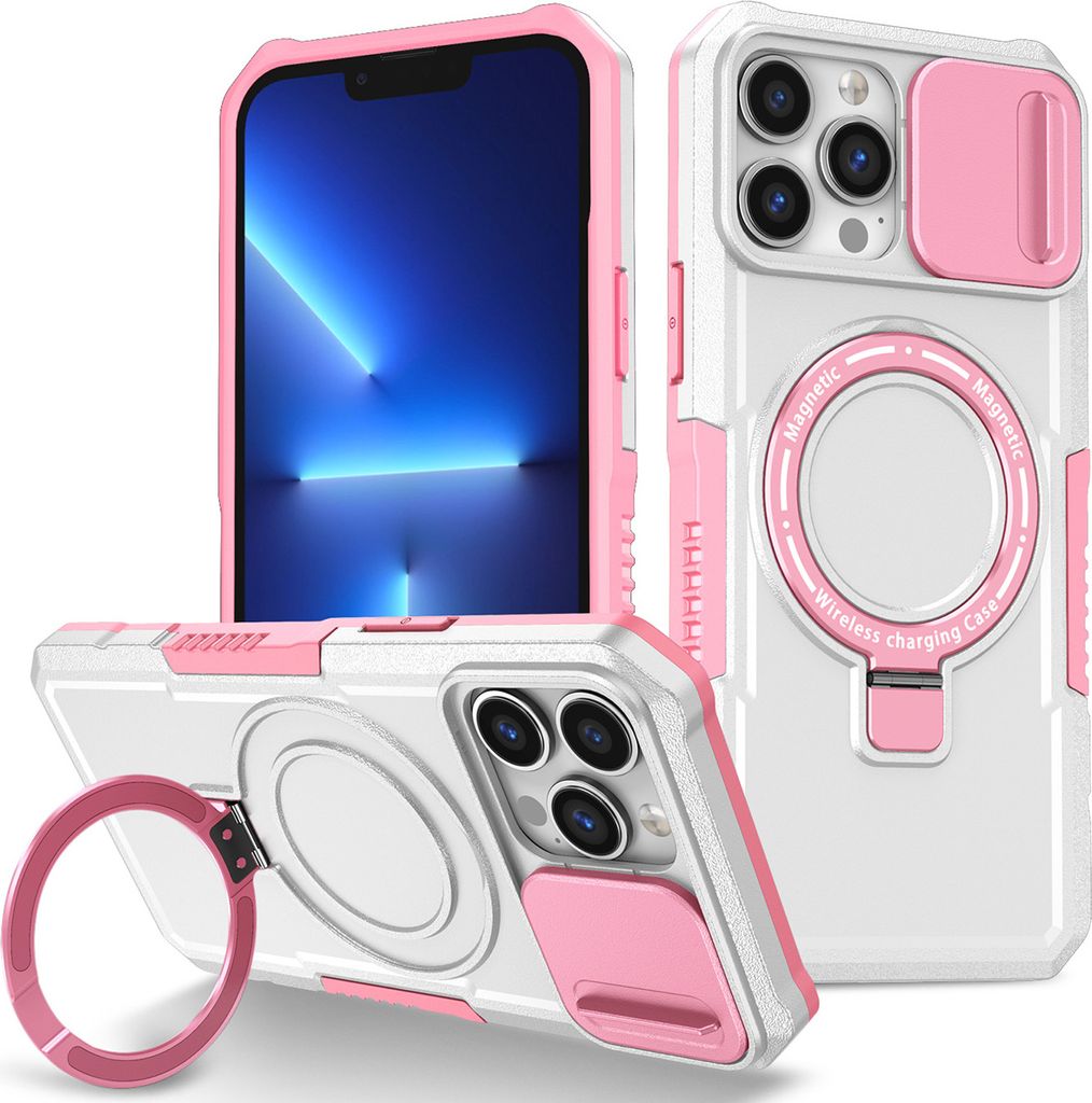 Handyhülle für iPhone 13 Pro Max Kompatibel mit MagSafe, Robuste Hülle mit Schiebe Kamera Schutz, Magnetischer Ringständer Weiß Pink