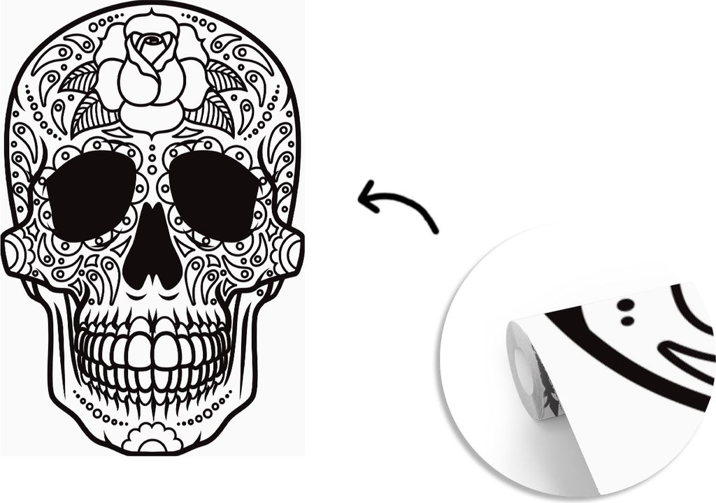 MuchoWow Fototapete für Wohnzimmer oder Schlafzimmer Wandtapete Vinyl Motivtapete Eine schwarz-weiße Illustration eines Dias De Los Muertos-Sch...