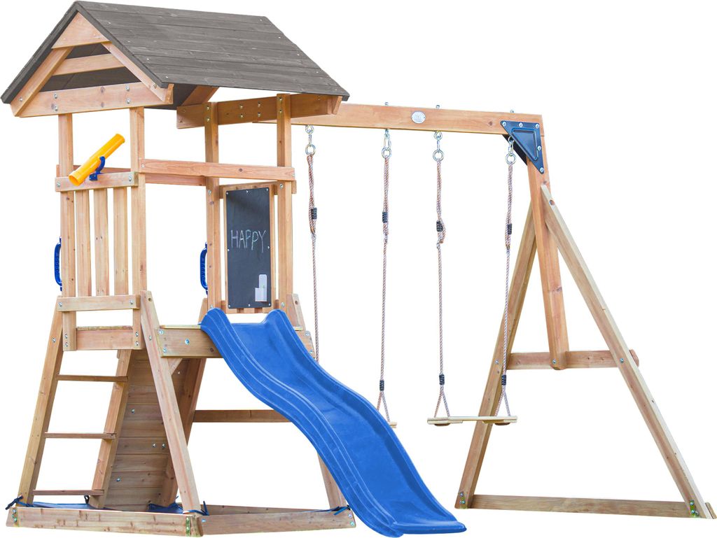 AXI Mia Spielturm aus Holz in Braun mit Doppelschaukel | Spielplatz für Kinder mit blauer Rutsche, Schaukel, Kletterwand & Sandkasten | Stelzenhau...