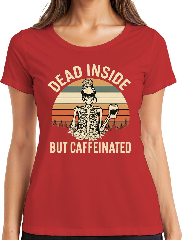 Dead Inside But Caffeinated Kaffee Skelett Gothic Halloween Retro Damen T-Shirt, Rot, S