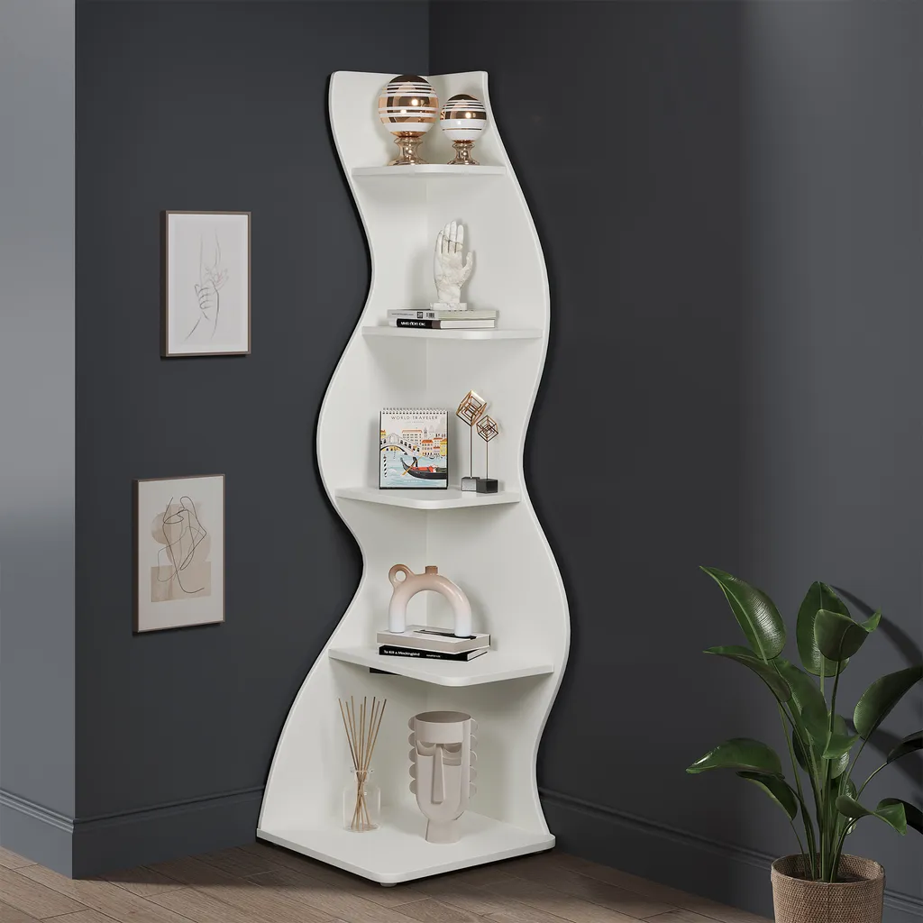 Bibliothèque d'Angle Blanche Moderne 5 Étagères pour Rangement Intérieur